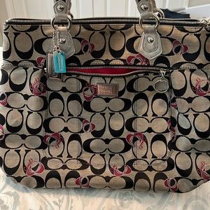 Coach C purse bag gray, black, magenta pink